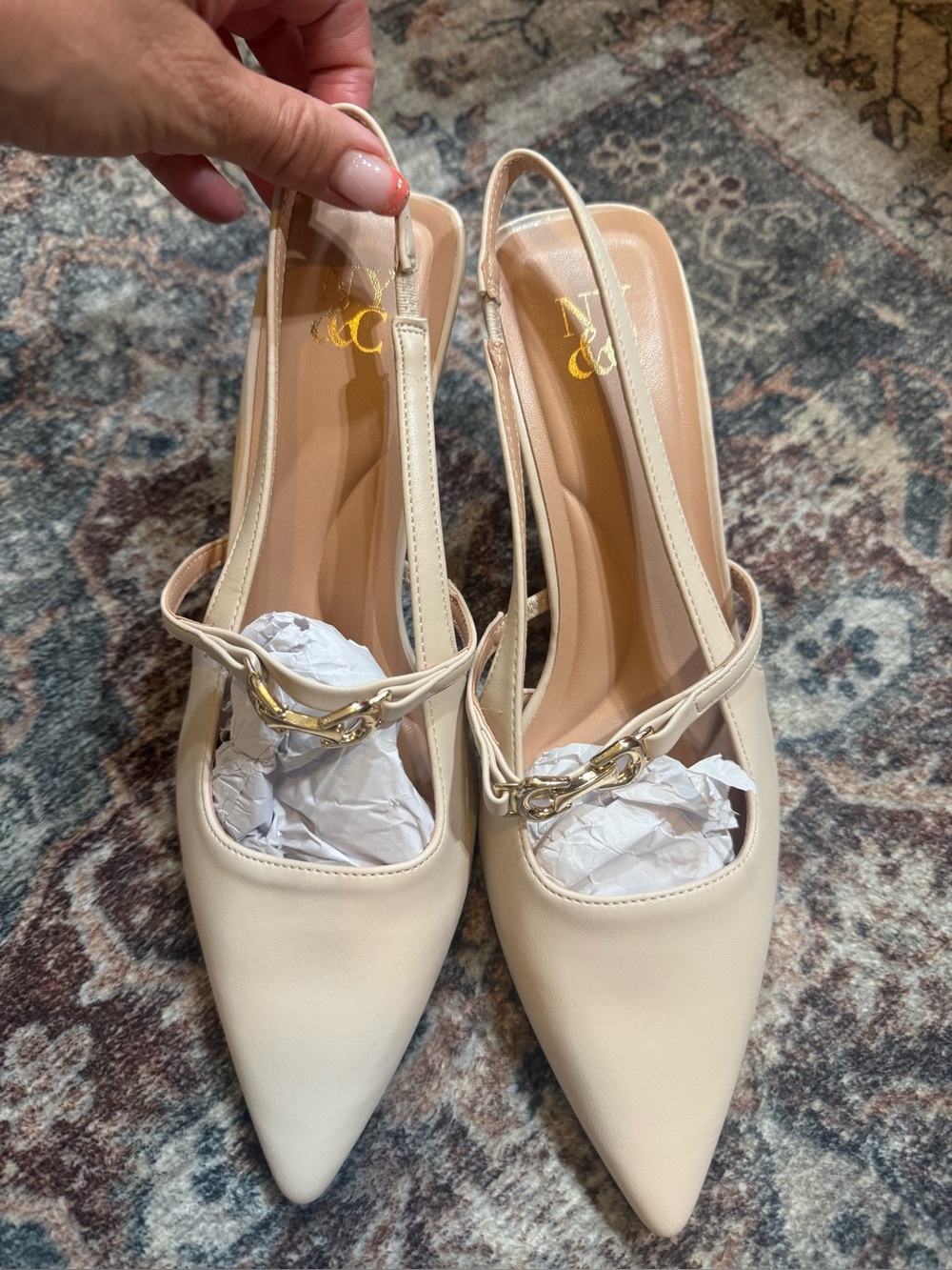 New York & Company Cream Pointed Slingback Heels with Gold Chain